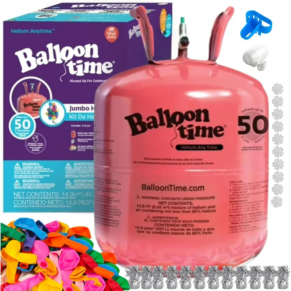 

14.9 Cu Ft Helium Tank for Balloons Home Use - 50 Balloons White Ribbon 12 Silver Weights Tie Tool Flower Clips Party Decor Kit