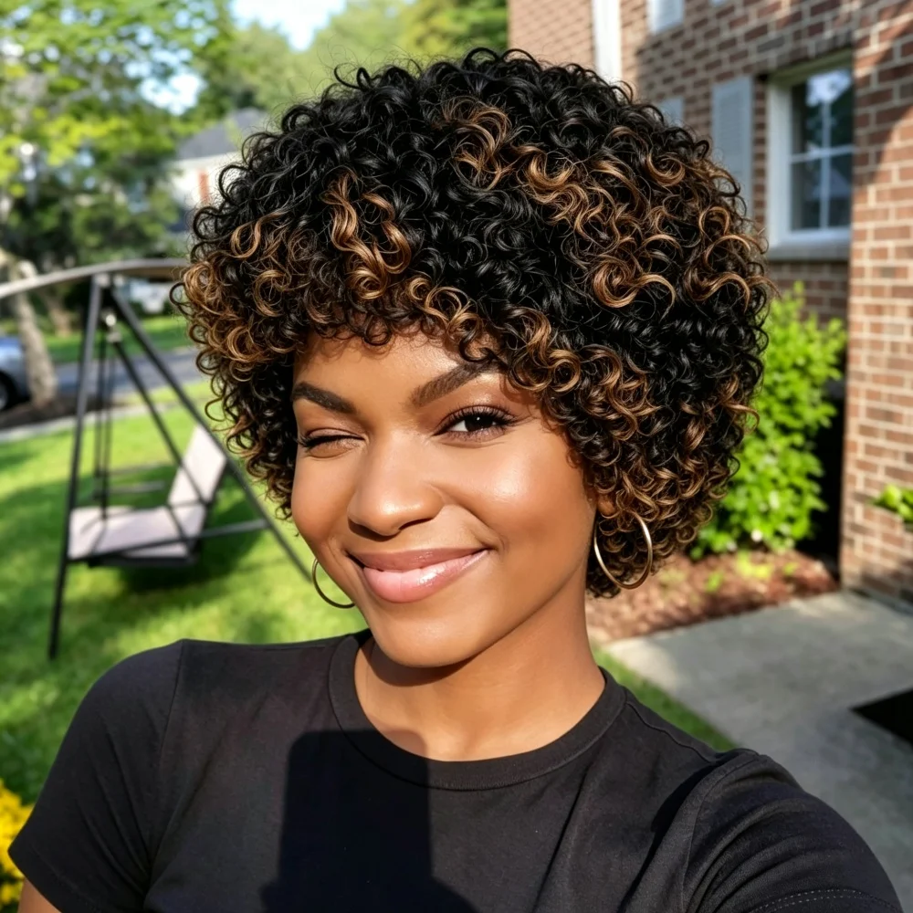 Highlight Brown Short Kinky Curly Human Hair Wig for Women 8 Inch 180% Density Natural Daily Fashion Full Machine Made Wig