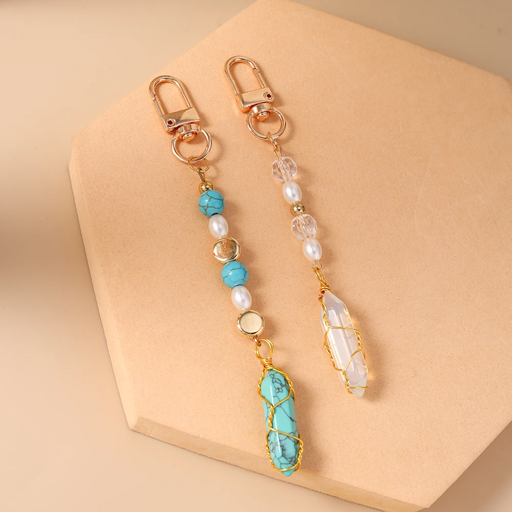 Aihua Hübscher Sechseckiger Säulen-Stein Schlüsselanhänger für Frauen und Mädchen Kugelförmiger Schlüsselring Anhänger für Handtaschen-Deko DIY Handgemachter Schmuck – Detail 6