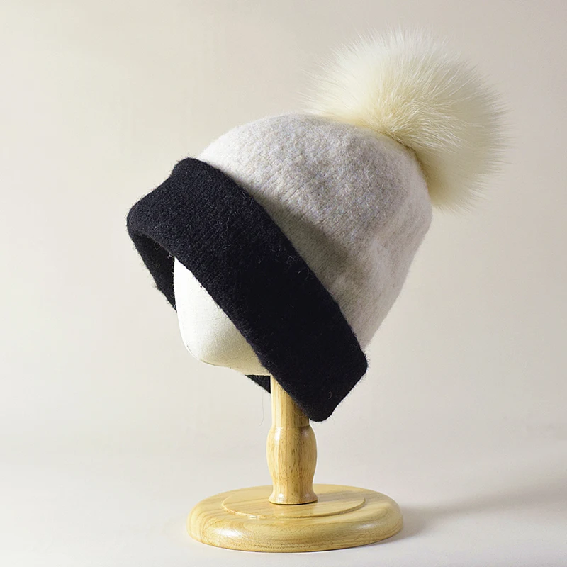 

Wool Hat Pompom Of Real Fox Fur Women Winter Beanie Knit Warm Accessory For Girls Autumn Cold Weather Skiing Outdoor Holiday