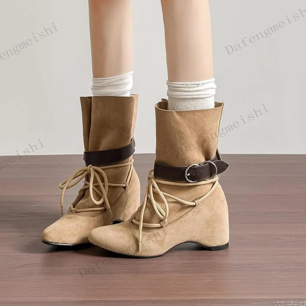 Women Suede Wedge Ankle Boots Round Toe Lace Up Buckle Decor Mid Calf Boots 7Cm Internal Increase Fashion Autumn Winter Shoes