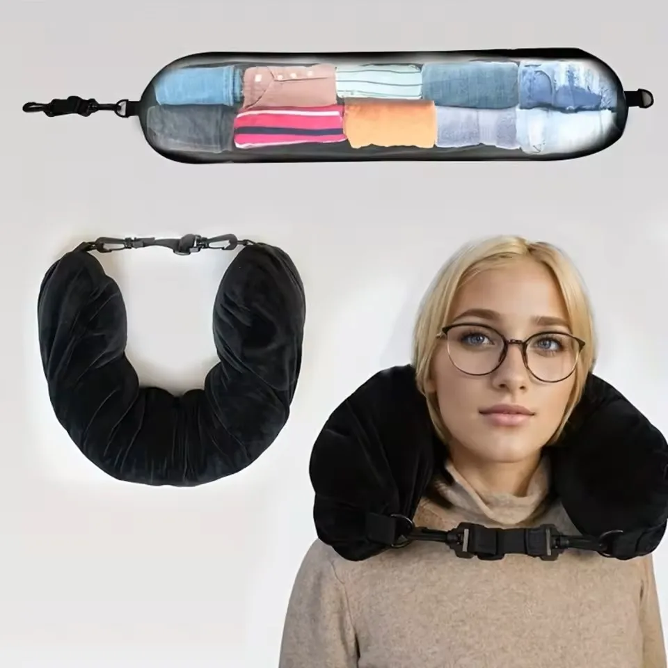 Travel Pillow With Storage Pouch, Adjustable Polyester Neck Support, Comfortable & Lightweight
