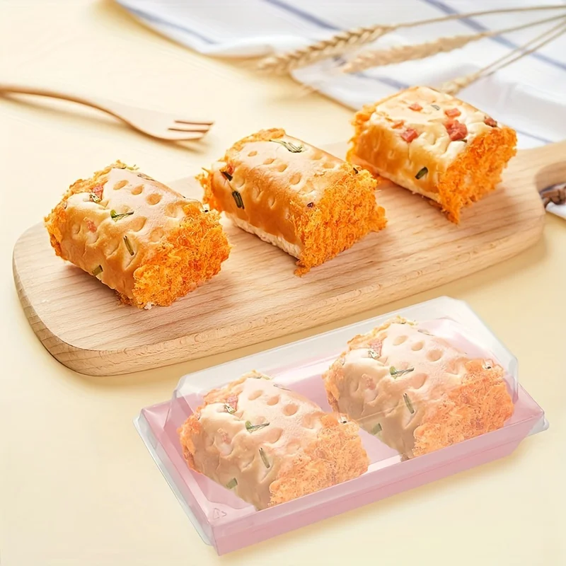 50pcs Baking Rectangular Paper And Plastic Box, For Rolled Cake, Sandwiches, Bacon, Scallops, Disposable Pastry Packaging Box Wi