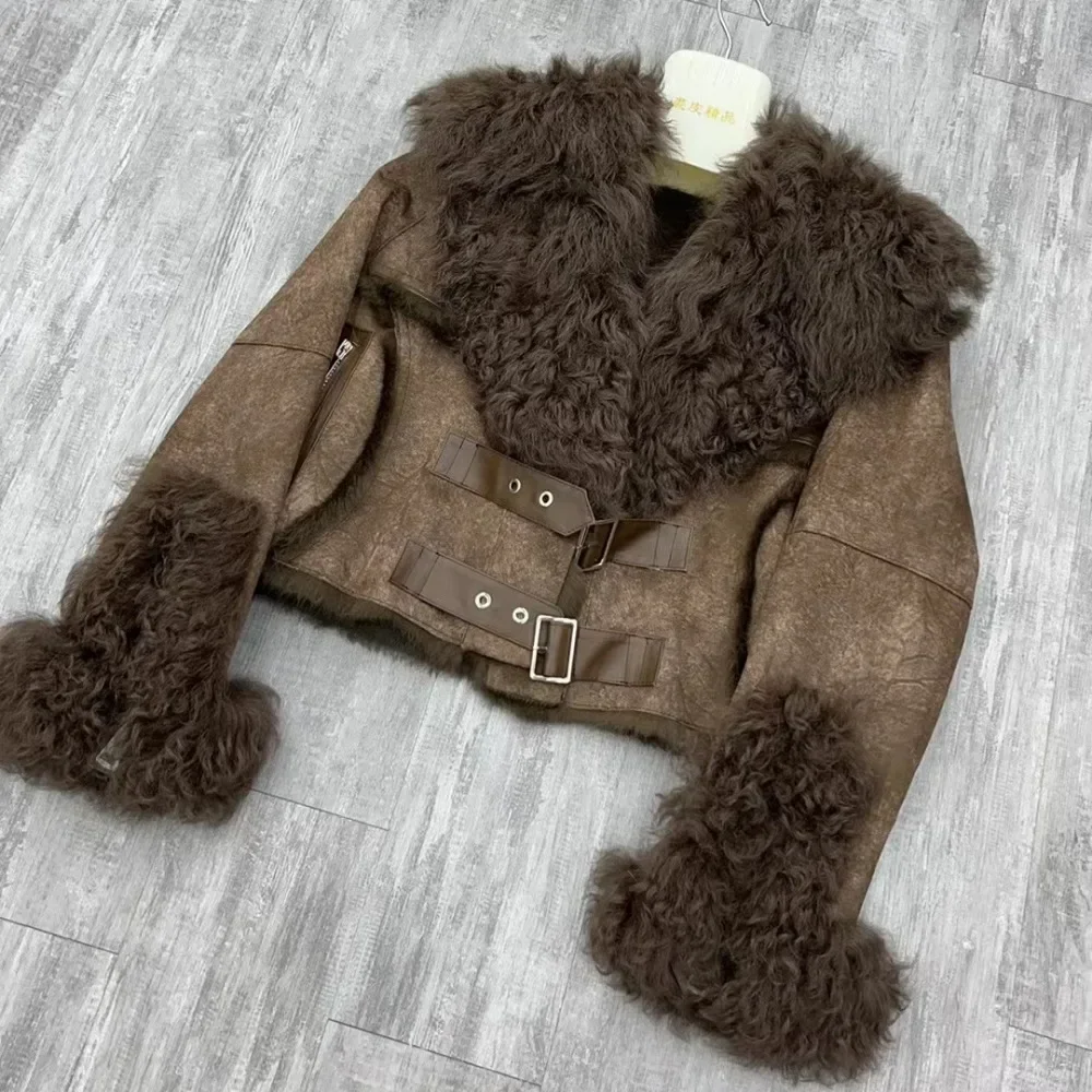 Chamois Leather Jacket Winter Outwear Rabbit Fur Coat Women\'s Short Fashion 2024 New Irregular Wool-fur Patchwork Coat