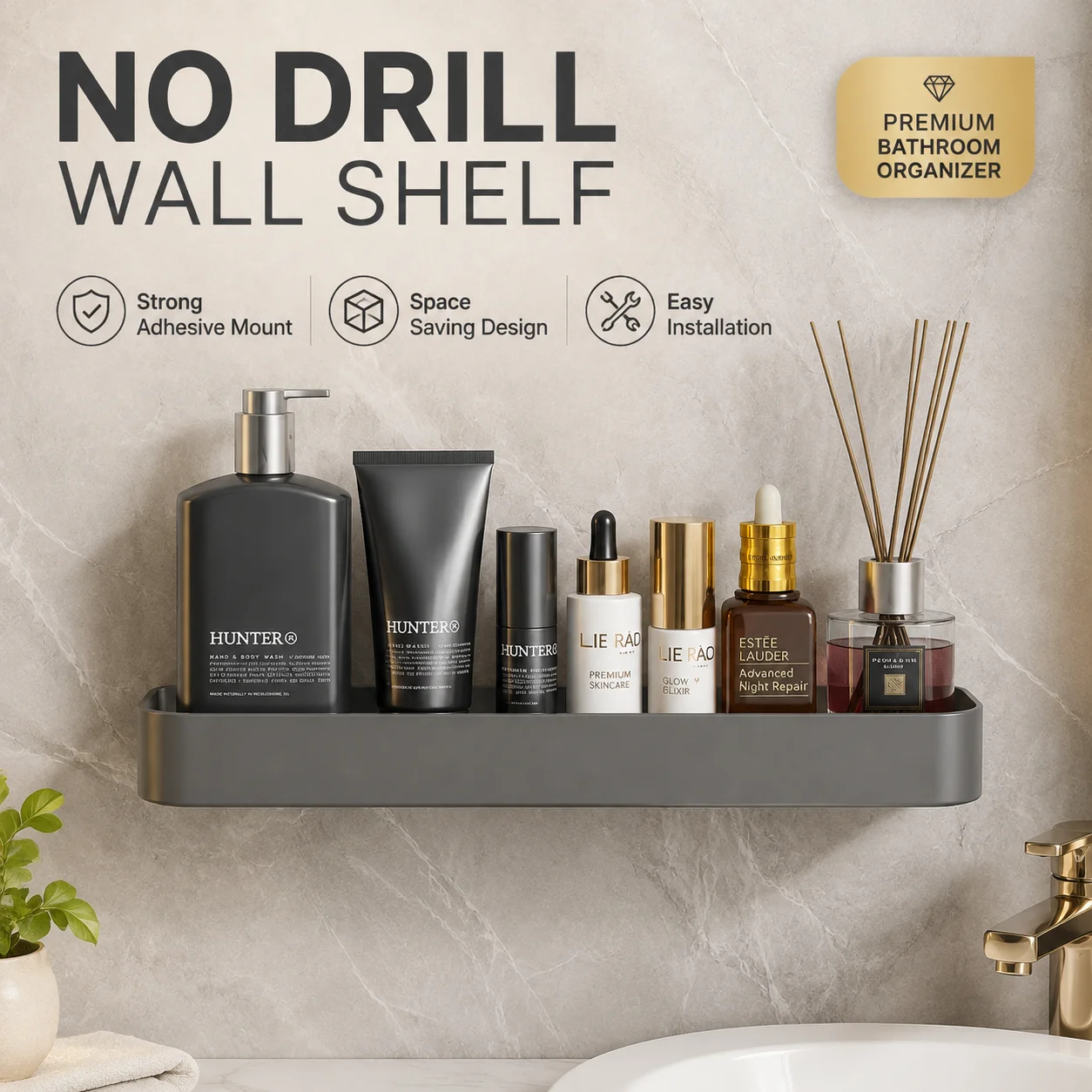 Gunmetal Gray No Drill Bathroom Wall Shelf For Above Washing Machine Heavy Duty Waterproof Rustproof Restroom Storage Rack