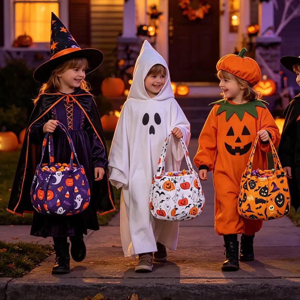 2026 NEW Halloween Canvas Tote Bag Portable Pumpkin Bat Ghost Pattern Children Trick Or Treat Candy Handbag Halloween Supplies
