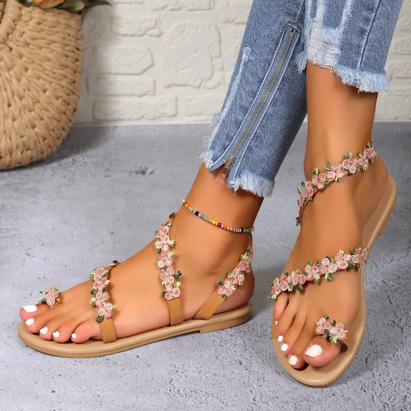 Pullover color roman flat sandals vacation light fashion flower petals foreign trade plus size beach shoes shoes fo women