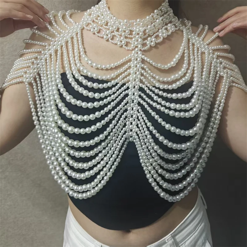 Damen-Top, mehrschichtige Perlen-Körperkette, handgewebter Schal, Harness, Braut- und Abendkleid-Accessoire, Party-Top, Damenbekleidung – Detail 2