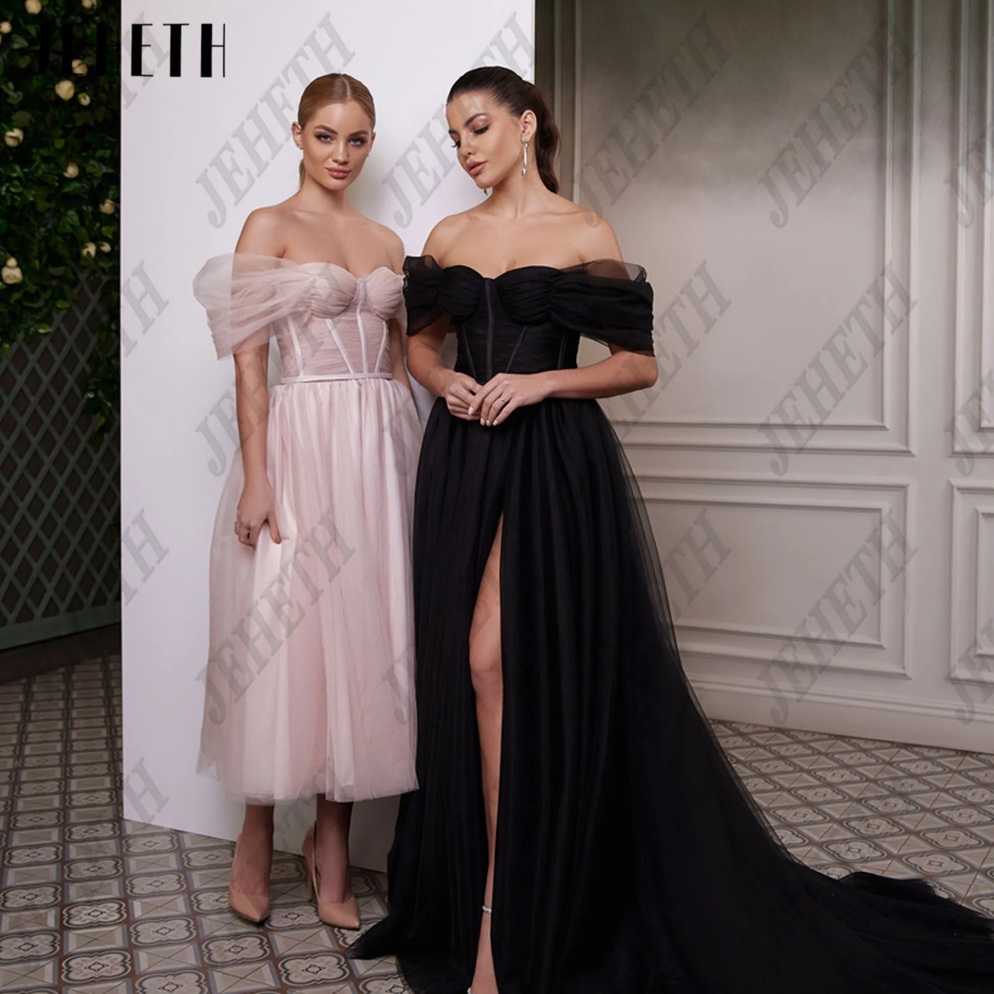 

JEHETH Off Shoulder Long Prom Dress Sweetheart A Line Tulle Homecoming Party Dress With Slit Sweep Train Evening Gown Customized