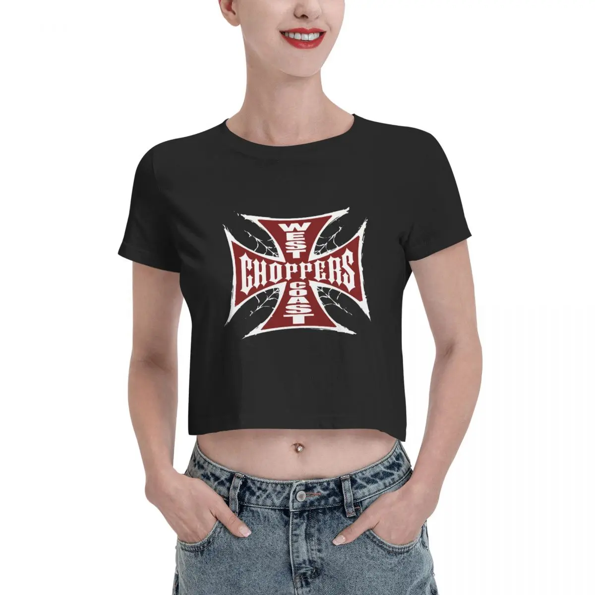 West Coast Choppers Cross Frame Leak navel T-shirt, Womens Summer Cotton Tee Fashion Crew Neck Short Sleeve T Shirts