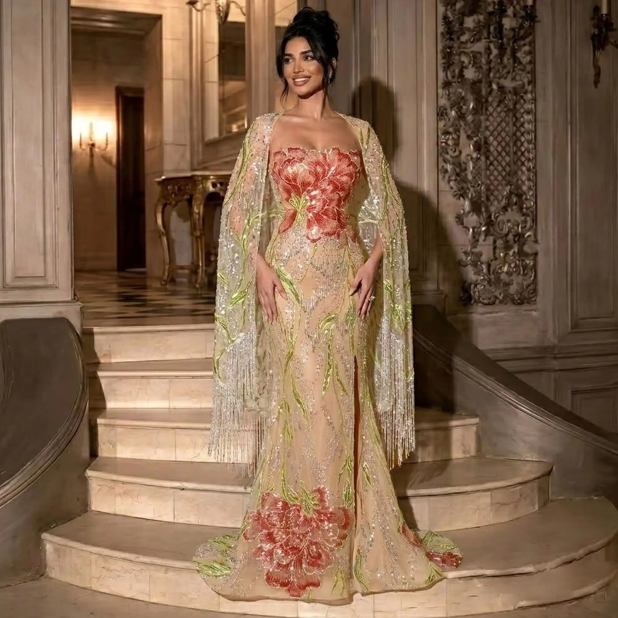 Sharon Said Luxury Strapless Evening Dress with Cape Mermaid Elegant Beaded Sequin Women Formal Party Gowns SS396 Customized