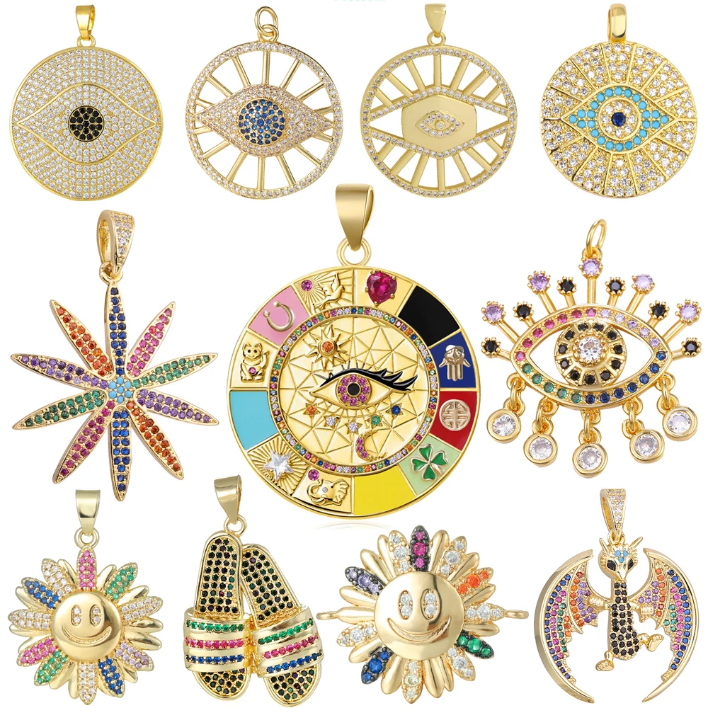 Juya New Design 18K Real Gold Plated Smile Face Greek Evil Eye Cross Saint Mary Bear Tiger Charms For DIY Pendant Jewelry Making