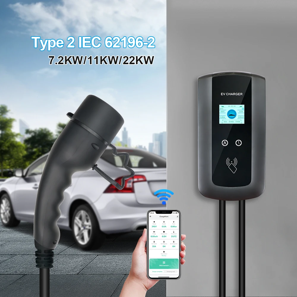 32A 22KW EV Charging Station Type 2 APP RFID CARDS Version Charging For Eletric Vehicle Home Fast Charger With Cable 5M