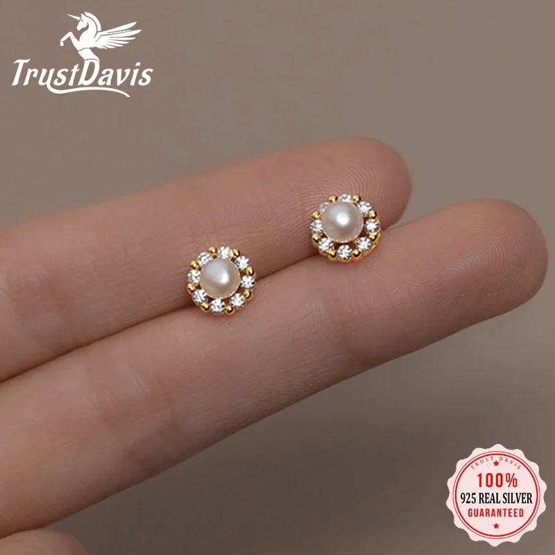 TrustDavis Real 925 Sterling Silver Charming Zircon Round Freshwater Pearl Stud Earring For Women Wedding Fine Jewelry DA2140