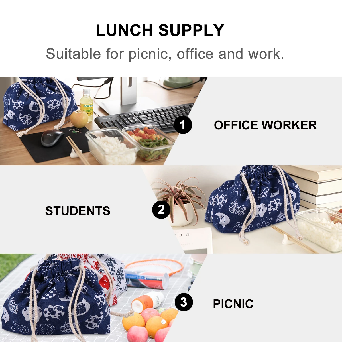 

Lunchbox Storage Bag Bento Bags Japanese Women Blue Tote Drawstring Work