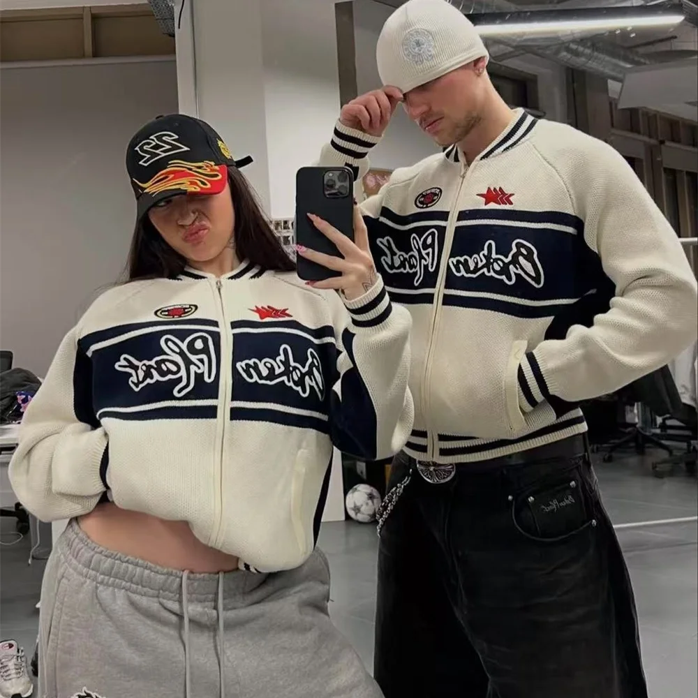 

Модный вязаный открытый кардиган на молнии Broken Pl, свободный повседневный свитшот для пар, осенний длинный свеч Baseba...