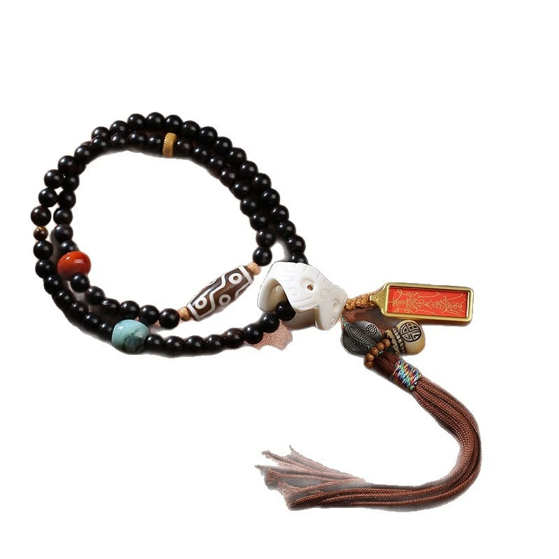 Resolve the Taisui brand Tangka pendant made of sandalwood with 108 pieces of nine eyed Tianzhu jade dragon scales rope