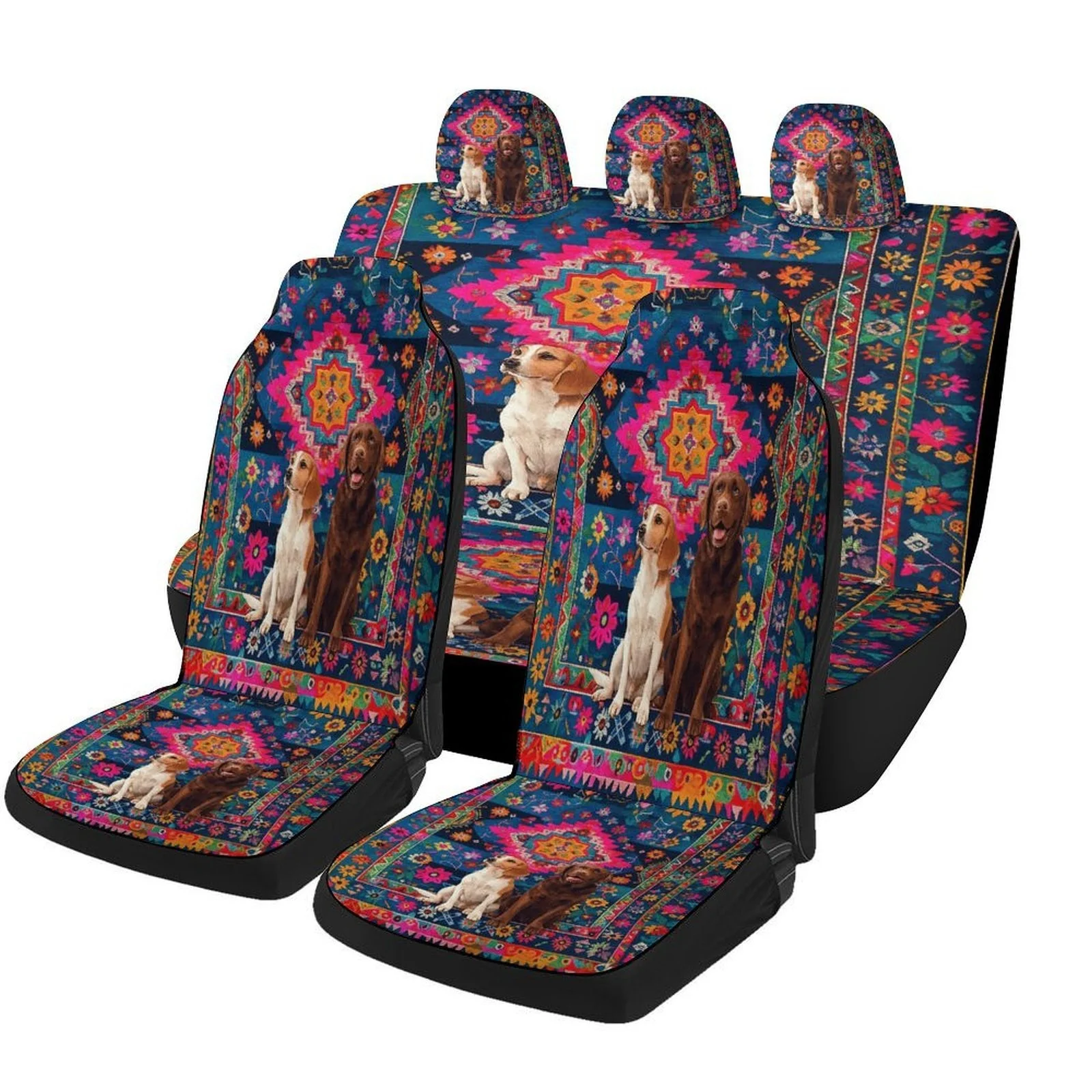 A Complete Set Of Car Seat Covers Featuring Dogs On A Floral Backdrop, Suitable For Various Vehicles. These Stylish And Unique C