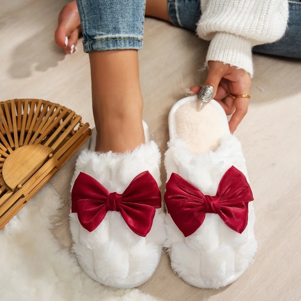 Durable 3D Bow Women's Cotton Slippers Non-Slip Winter Warm Couple Slippers Soft Fabric Fluffy Texture Home Slippers for Women