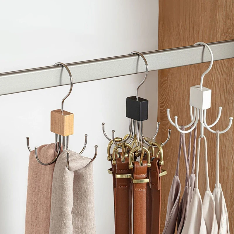2/4PCS 360° Rotating Storage Hanger Hook Multi-Claw Bag Metal Belts Rack  Multifunctional Hook Wooden Organizer For Bras Ties
