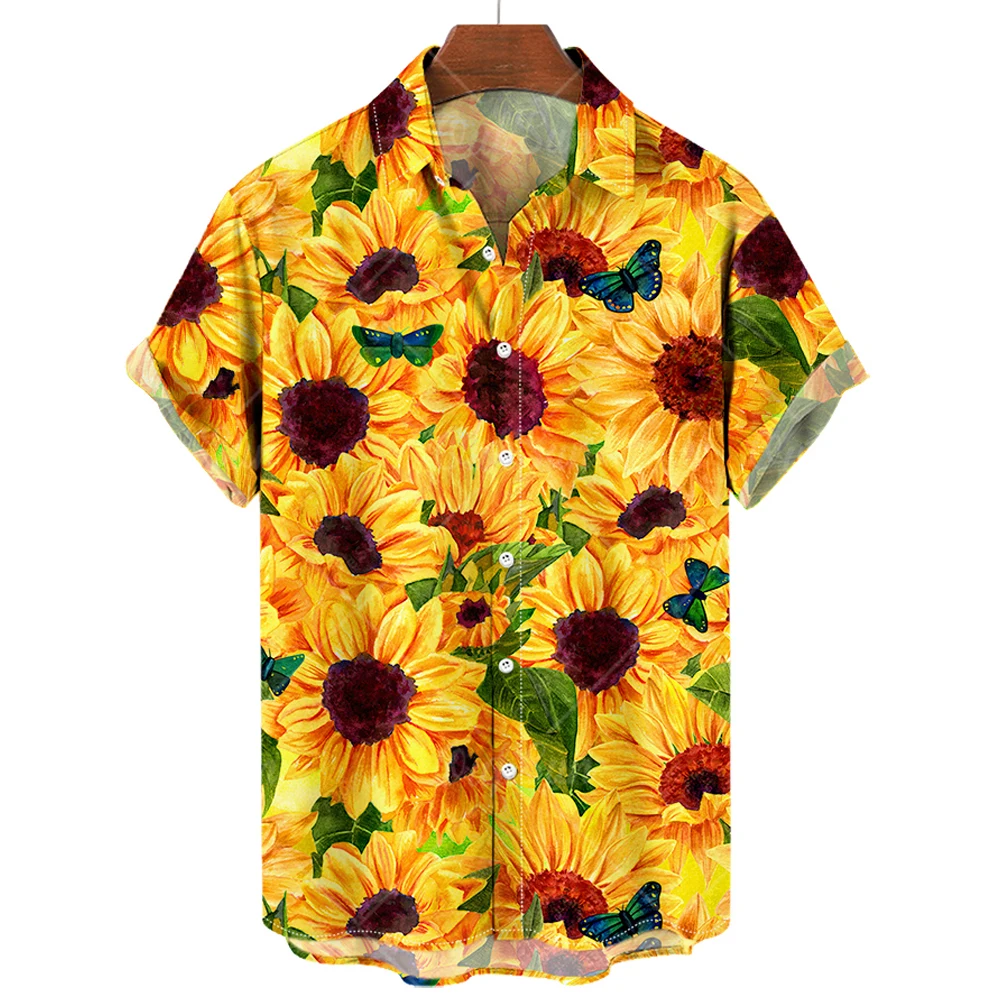 Camisas hawaianas para hombre, camisas con solapa y estampado de girasol, Tops de manga corta a la moda, ropa holgada de gran tamaño, 2023