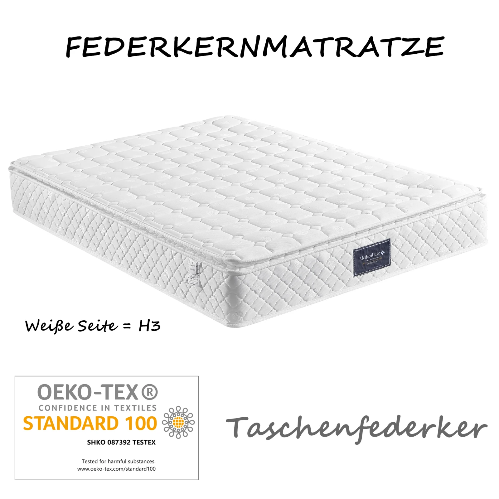 Rosahqnda 25 cm hohe Matratze, 90/140/160 x 200 cm Federkernmatratze, atmungsaktiver Schaumstoff, Härtegrad H3, doppelter Polyester-Bezug