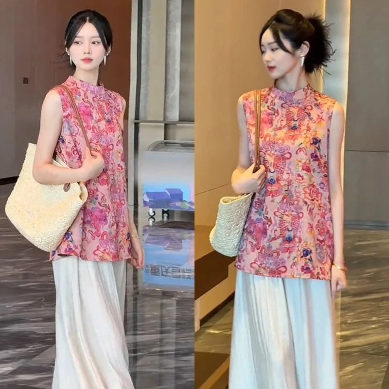 Nuevo traje chino sin mangas de gama alta para mujer, Top de Jacquard reductor de edad, pantalones de pierna ancha, conjunto de dos piezas que hace un aspecto más delgado