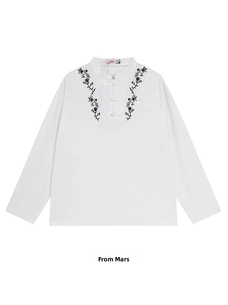 

Loose Fit Long Sve Embroidered Casual irt Bla Plant New Chinese Sle Button irt Versatile Comfortable Menswear
