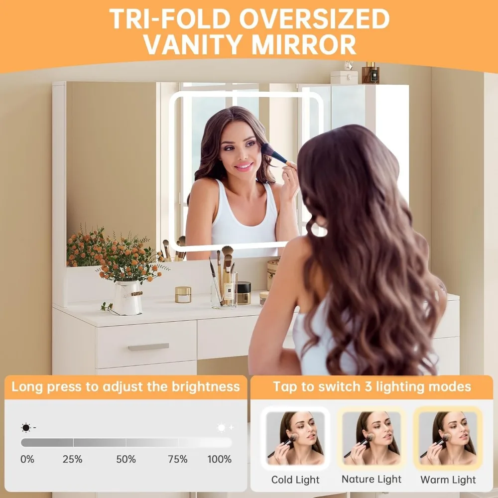 مكتب زينة مكياج مضيء مع مساحة تخزين ذات 9 أدراج ومرآة ثلاثية الطي ثلاثية الألوان