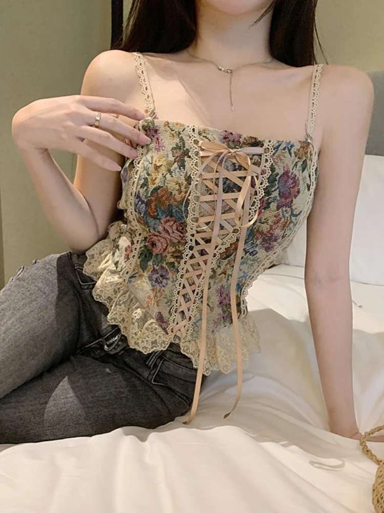 France Vintage Print Sleeveless Tops Women Lace Elegant Party Princess Strap Top Female Korean Style Sweet Clothing Summer 2023