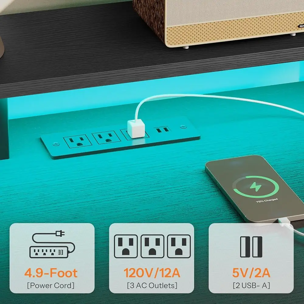 47 H Gaming Desk With Led Lights & Power Outlets, Computer Desk With Monitor Stand And Drawers, Gaming Table With Storage