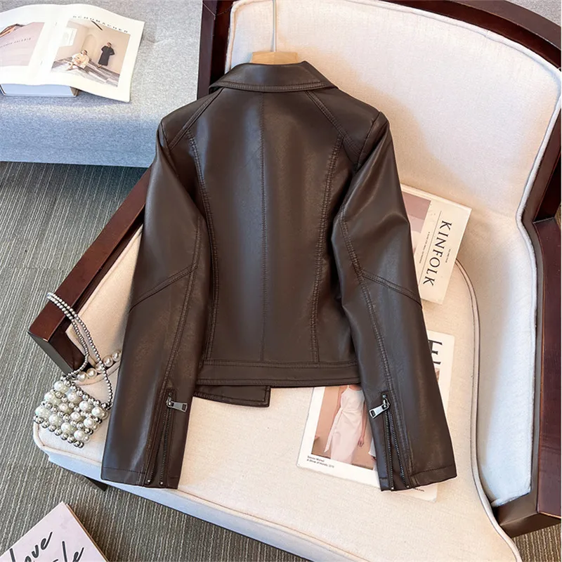 Spring Autumn Coffee Color Beige Black Slim Short Faux Pu Leather Jacket Lapel Zipper Long Sleeve Women Biker Jacket Streetwear