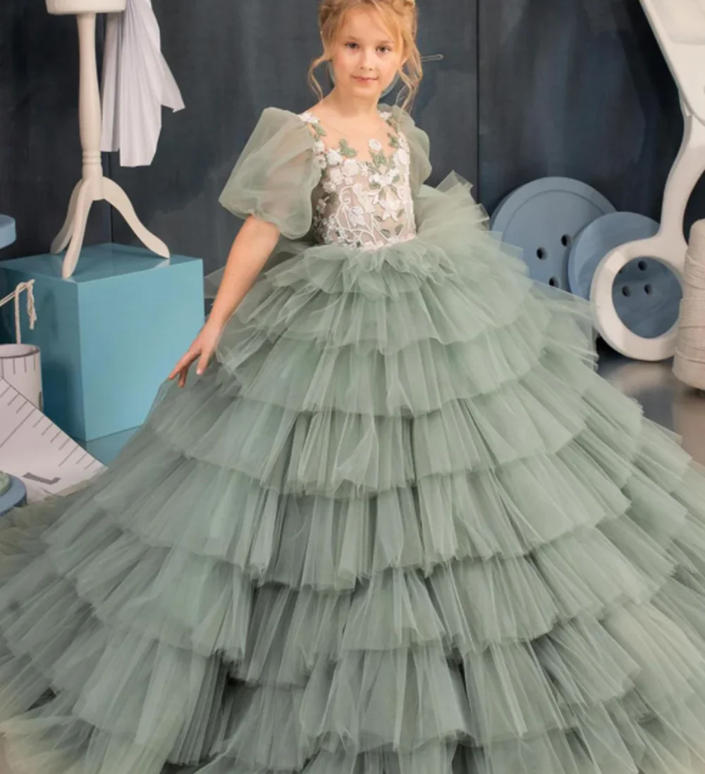 Vestido de flores verdes hinchadas para niña, vestido de princesa para primera comunión, manga de casquillo, vestido de fiesta de boda