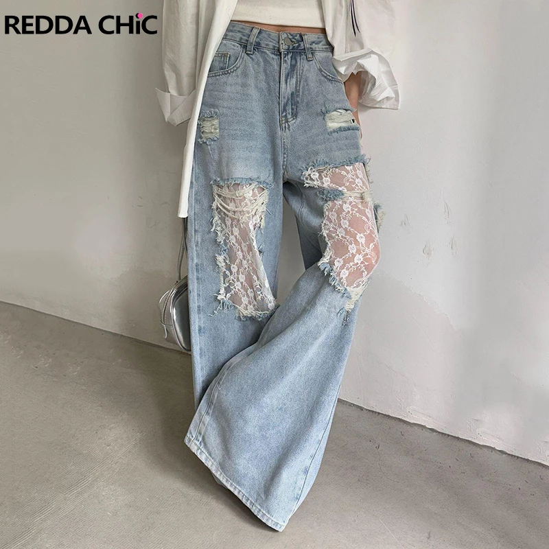 

REDDACHiC Stitching Lace Women Baggy Jeans Casual Ripped Holes Raw Edge Hollow Wide Leg Denim Pants Retro Korea Everyday Wear