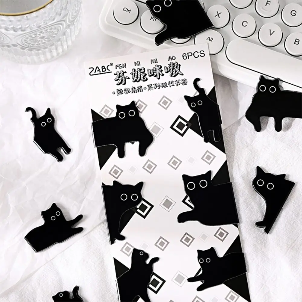 6PCS Black Magnetic Bookmarks Kitty Bunny Cute Design Animal Shaped Bookmark Kawaii Funny Book Page Marks Book Accessories
