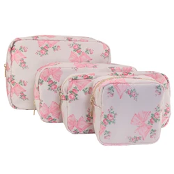 Bolsa de cosméticos de viaje de nailon impermeable con estampado de flores y lazo, bolsa de almacenamiento de maquillaje para niñas y mujeres