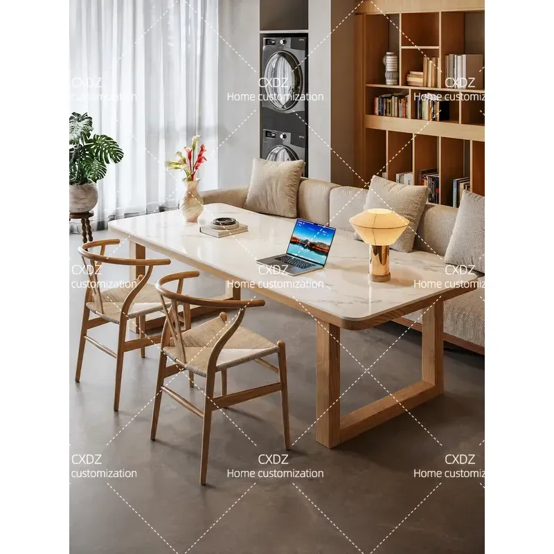 Large Living Room Desk with Sofa White Light Luxury High End Sintered Stone Solid Wood Large Board Table Modern Minimalist
