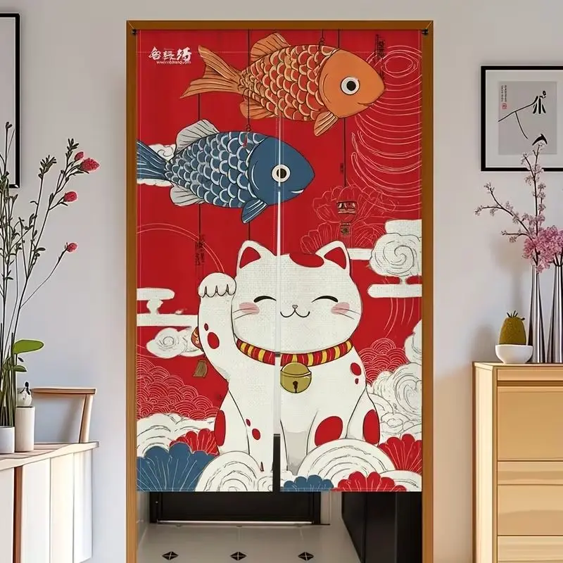 VIKAMA Japanese Maneki-neko Half Door Curtain, Retro Lucky Cat Noren Curtain, Warm Room Divider Screen Entryway Home Decor