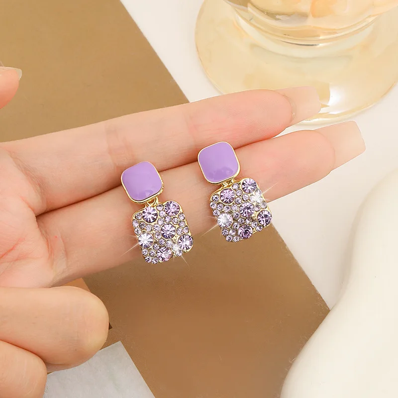 S925 Silver Needle Purple Retro Square Rhinestone Dripping Oil New Trendy Temperament Net Red Earrings Women's Jewelry Brincos