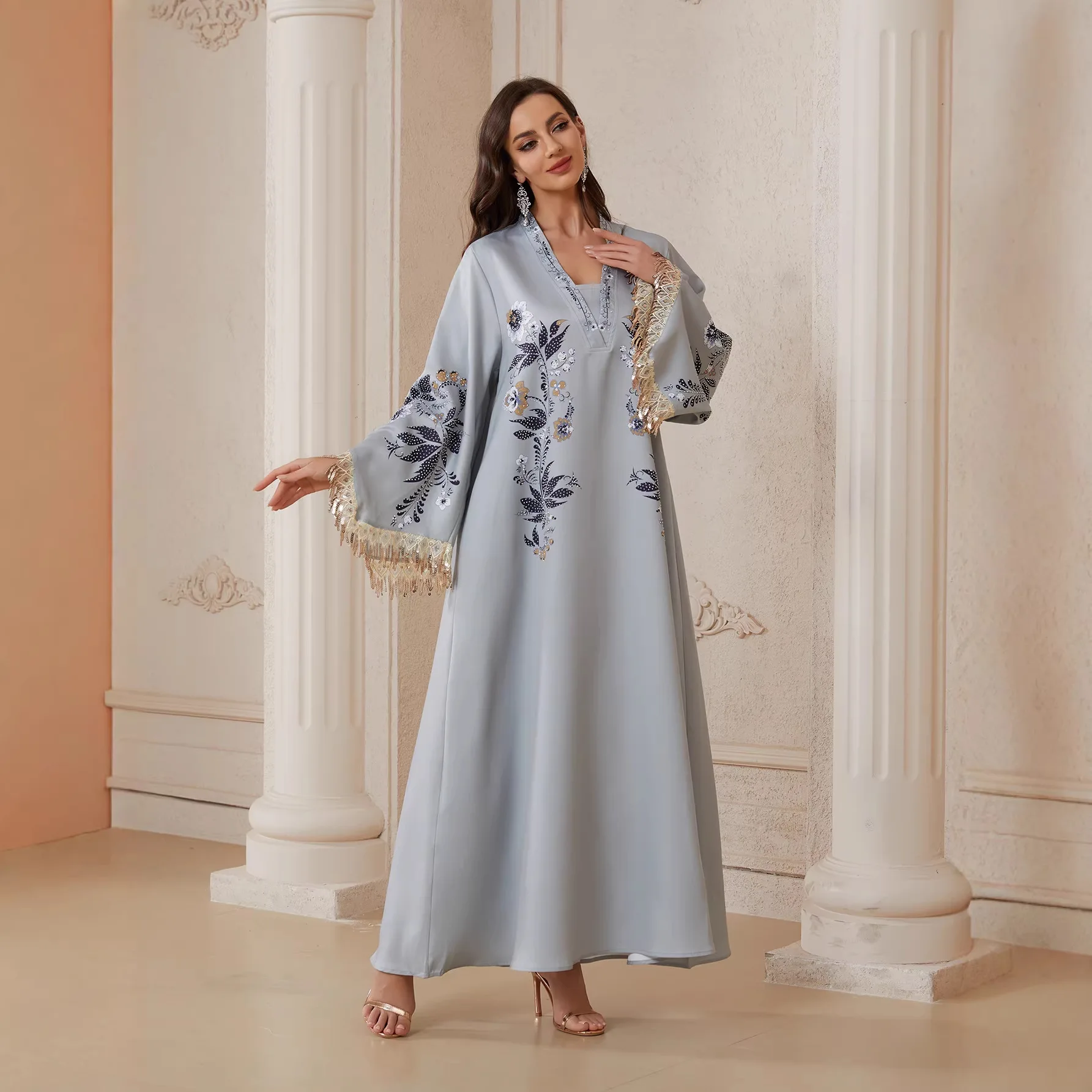 European American Fashion Women Silver Loose Fit O-neck Long Sleeve Tassels Sequins Casual Trendy Elegant Dresses Female Abaya