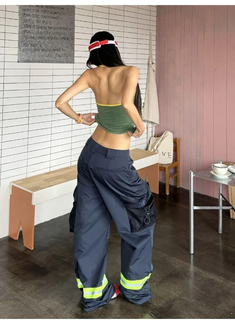 Women's Multi Pocket Reflective Strip Design Pants Unisex Casual High Waisted Trousers Summer Bottoms Female Wide Leg Sweatpants
