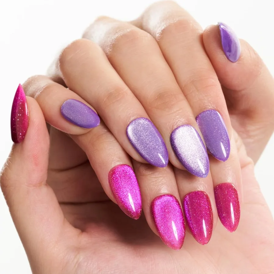 

Ярко-розовый фиолетовый магнит «кошачий глаз» Press On Nails Короткие миндалевидные Авроры Магнитные мягкие желейные гелевые накладные ногти ручной работы для женщин Круглые