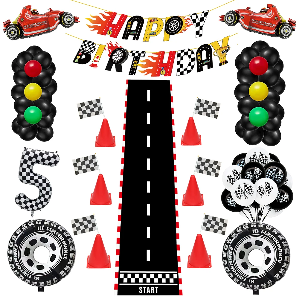 Checkered Race car party Banner wheel balloon black white checkered flag racetrack Racing themed birthday party decor supplies