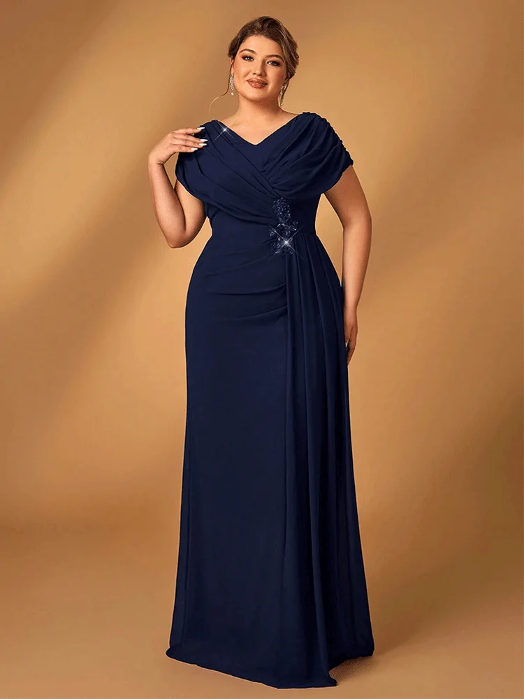 Abito da sera per mamma di lusso taglie forti Ricevimento di nozze Festa Abito da sera blu navy per madre in chiffon lucido di lusso taglie forti