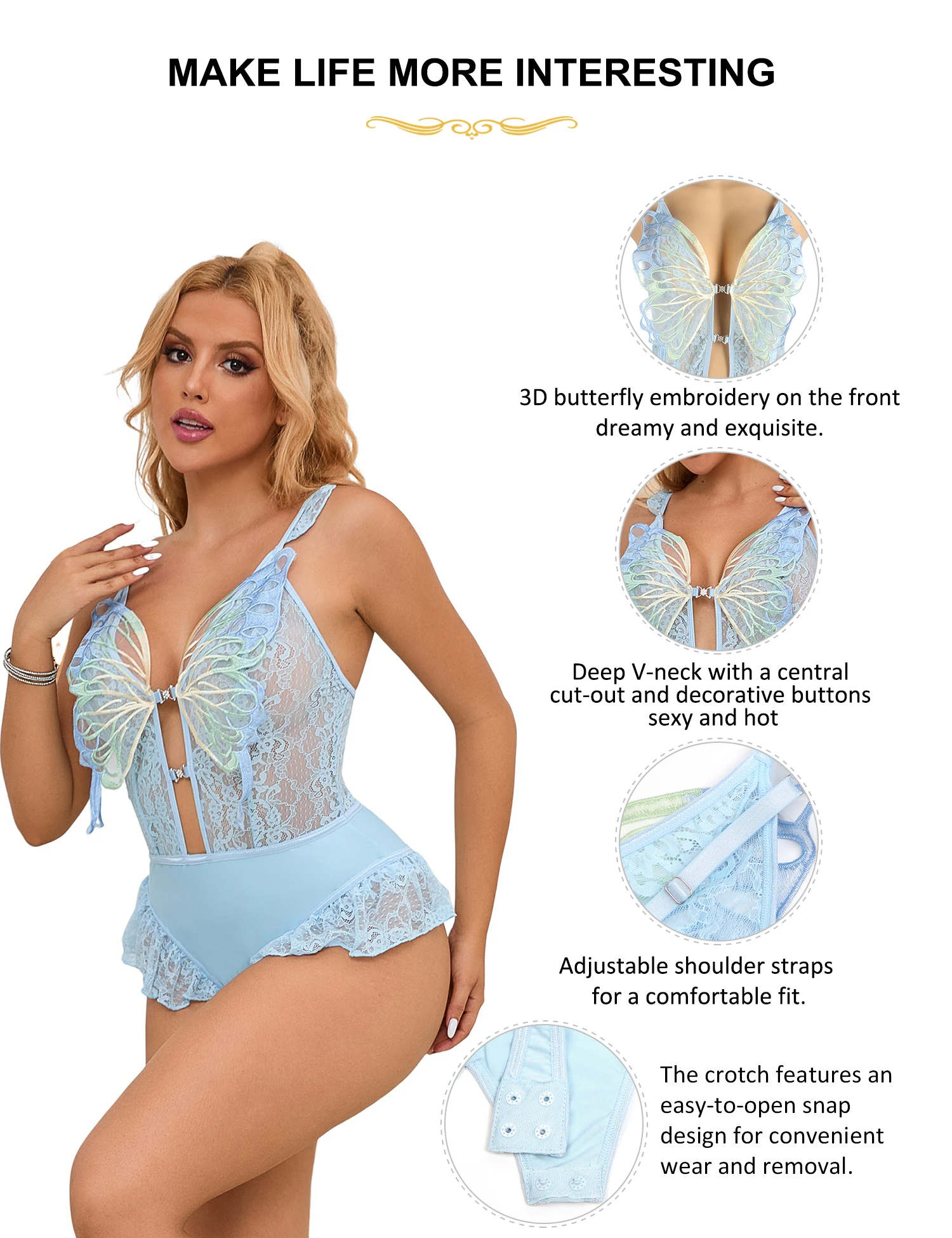 Comeondear Blue Bodysuit Lingerie Women One Piece Butterfly Lingerie Sets Sexy Female Strappy Bodycon Lace Curvy Leotard Rompers