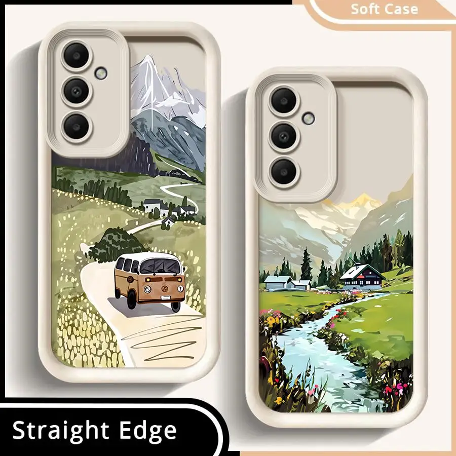 Cartoon Mountain View Car Case for Samsung Galaxy A15 A16 A34 A26 A32 A35 A36 A71 A72 A56 A51 A73 A23 A12 A13 A53 A54 Phone