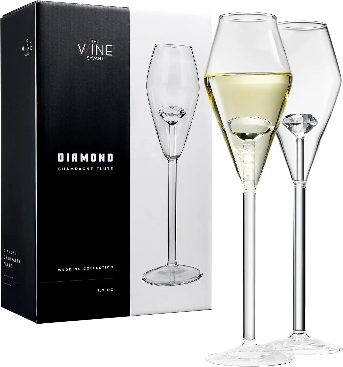 

100-Carat Diamond Champagne Flutes, Crystal-Shaped Wedding Toast Glasses Set of 2, 7 oz Bridal Cocktail Glasses for Bride & Groo