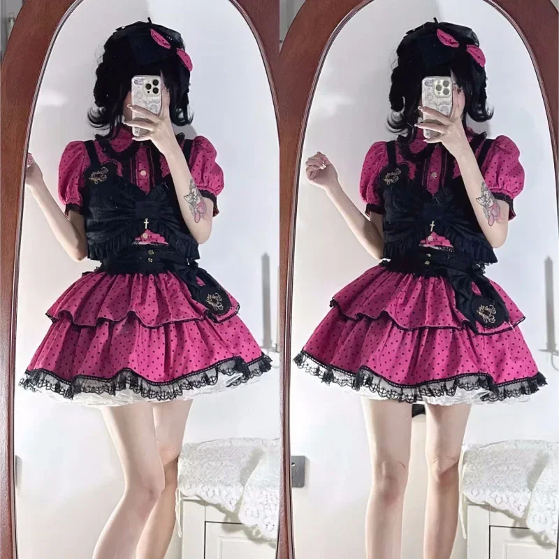 

Sweet Slim Short Sleeve Short Skirts Three Piece Set Summer New Women's Turn-down Collar Button Spliced Lace Polka Dot Bow Shirt