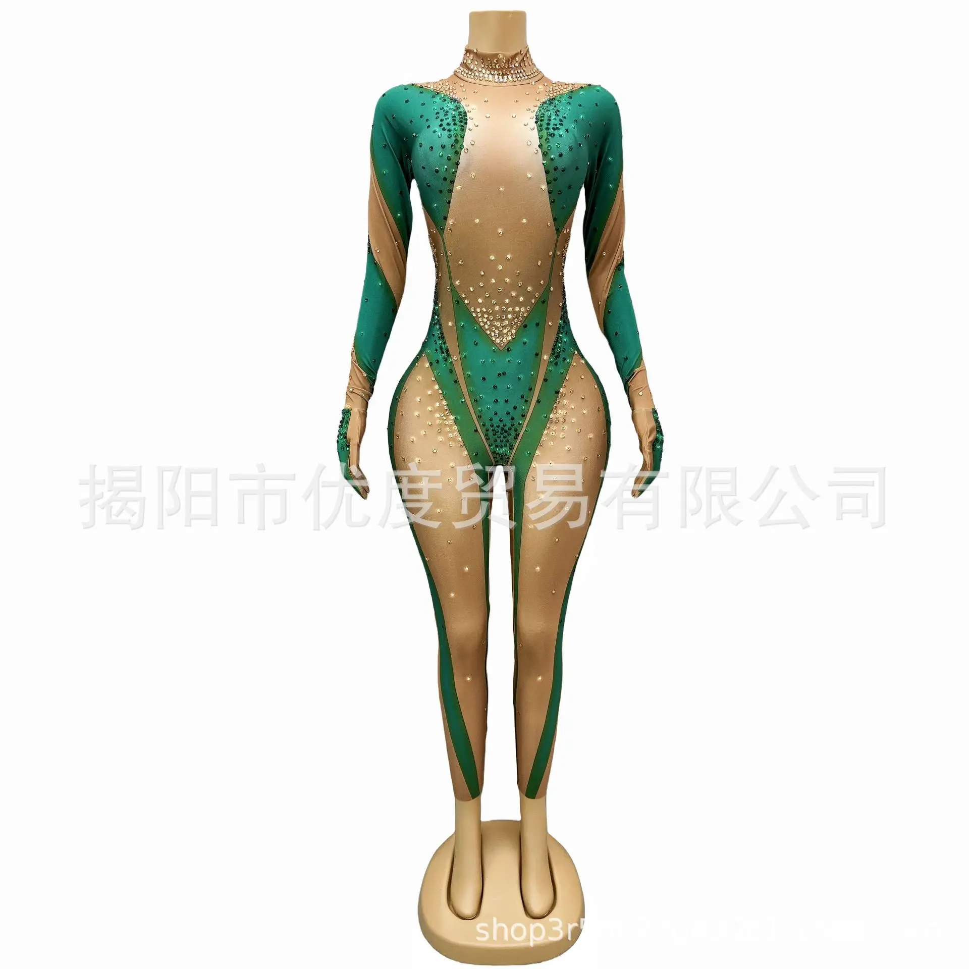 섹시한 타이트 DJ 칵테일 파티 니치 장갑 일체형 가수 나이트 생일 파티 공연 반원형 그린 베스티도 럭소 페스타