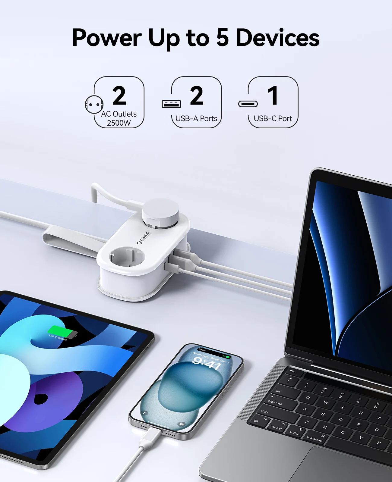 ORICO 20W EU Plug Electrical Power Strip with 2AC Outlets 2USB 1 Type-C Port 1.53M Extension Cable Smart Socket for Home/Travel